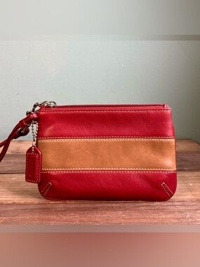 Vintage Coach Leather Rugby Stripe Skinny Wristlet Bag 9348 Red British Tan